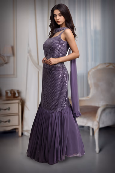 Light Purple Intricate Sequin Detailed Mermaid Cut Lehenga With Same Color Crop Top And Dupatta — view 3 of 3