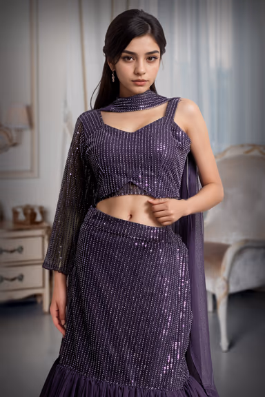 Light Purple Intricate Sequin Detailed Mermaid Cut Lehenga With Same Color Crop Top And Dupatta — view 1 of 3