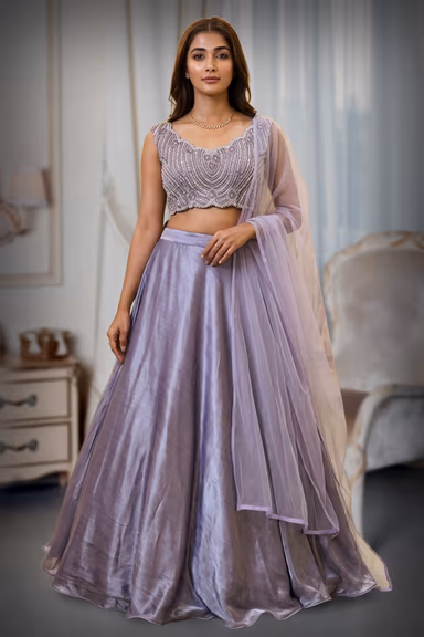 Light Purple Pre Wedding Lehenga With Uniform Stone Worked Skirt With Exquisite Stoneworked Crop Top Along… — view 2 of 2