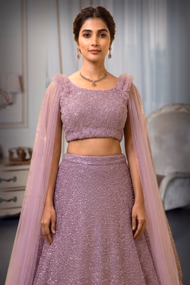 Lilac Pre Wedding Lehenga With Intricate Thread Work Details Along With Same Color Dupatta — view 1 of 2