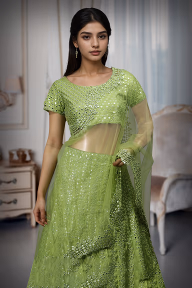 Lime Green Viking Silk Artificial Mirror Work Lehenga With Same Colour Blouse And Dupatta — view 2 of 2