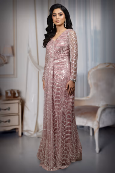 Long-Sleeved Dusty Rose Fully Beaded Ruched Gown — view 3 of 6