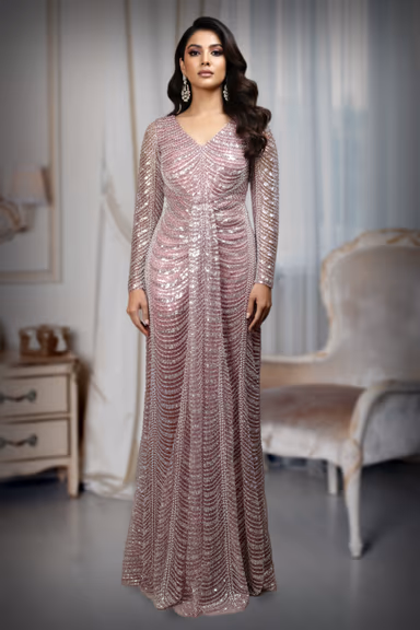 Long-Sleeved Dusty Rose Fully Beaded Ruched Gown — view 2 of 6
