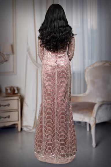Long-Sleeved Dusty Rose Fully Beaded Ruched Gown — view 6 of 6
