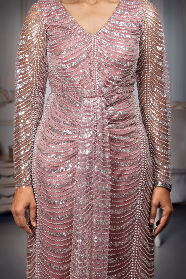 Long-Sleeved Dusty Rose Fully Beaded Ruched Gown — view 4 of 6