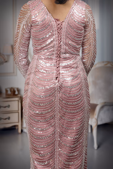 Long-Sleeved Dusty Rose Fully Beaded Ruched Gown — view 5 of 6