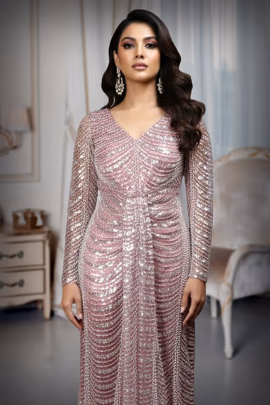 Long-Sleeved Dusty Rose Fully Beaded Ruched Gown — view 1 of 6