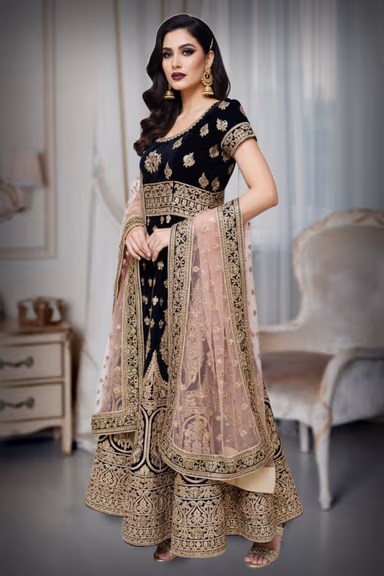 Luxurious Velvet Gown with Gold Zari and Stone Embellishments for Elegant Celebrations — view 4 of 4