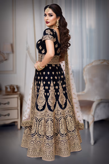 Luxurious Velvet Gown with Gold Zari and Stone Embellishments for Elegant Celebrations — view 3 of 4
