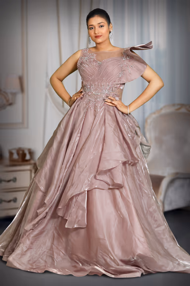mauve colour heavy work crushed drapping  gown — view 2 of 5