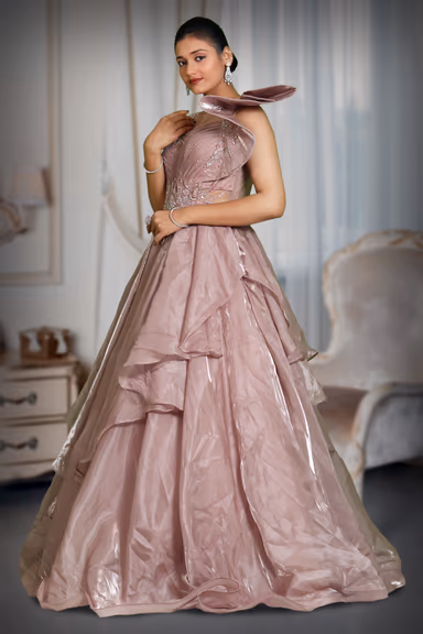 mauve colour heavy work crushed drapping  gown — view 3 of 5