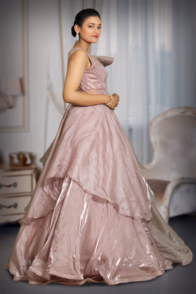 mauve colour heavy work crushed drapping  gown — view 4 of 5