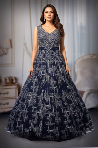 Midnight Blue Tulle Gown with Geometric Sequins and Ornate Bodice — view 2 of 2