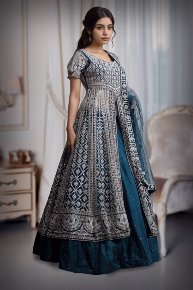 Midnight Teal Diamond Zari Embroidered Net Lehenga  Silver Sequin & Threadwork Geometric Design — view 3 of 4