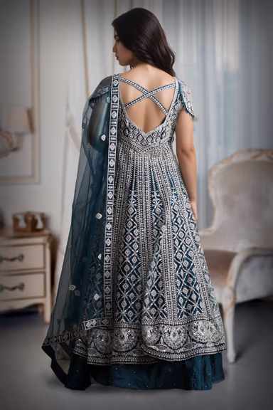 Midnight Teal Diamond Zari Embroidered Net Lehenga  Silver Sequin & Threadwork Geometric Design — view 4 of 4