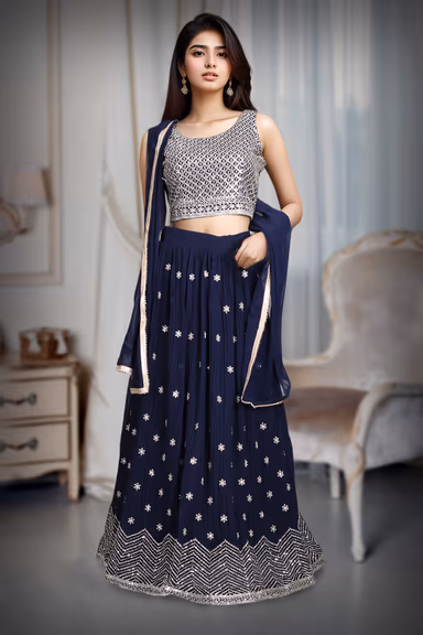Minimalist Navy Blue Georgette Lehenga Embellished With Sequin Work — view 2 of 5