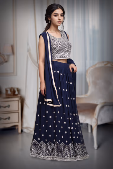 Minimalist Navy Blue Georgette Lehenga Embellished With Sequin Work — view 4 of 5