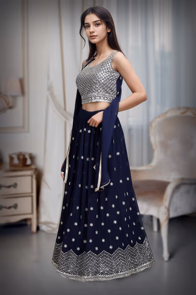 Minimalist Navy Blue Georgette Lehenga Embellished With Sequin Work — view 3 of 5