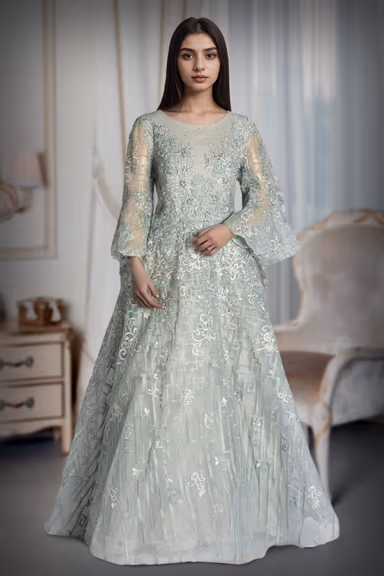 Mint Hued Gown With Sequin Embroidery And Bell Sleeves Exuding Soft Elegant Charm — view 2 of 3