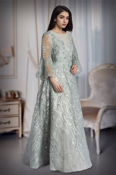Mint Hued Gown With Sequin Embroidery And Bell Sleeves Exuding Soft Elegant Charm — view 3 of 3