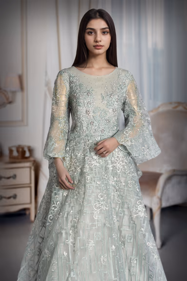Mint Hued Gown With Sequin Embroidery And Bell Sleeves Exuding Soft Elegant Charm — view 1 of 3