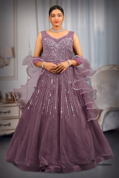 Moderate purple sequins & stone heavy  gown with ruffles dupatta — view 2 of 5