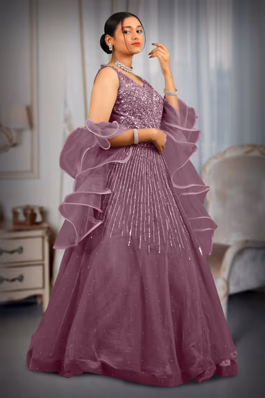 Moderate purple sequins & stone heavy  gown with ruffles dupatta — view 4 of 5