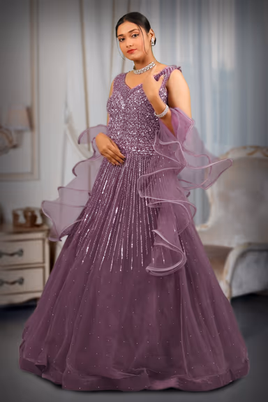 Moderate purple sequins & stone heavy  gown with ruffles dupatta — view 3 of 5