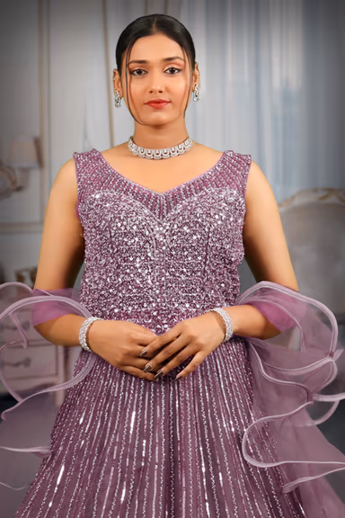 Moderate purple sequins & stone heavy  gown with ruffles dupatta — view 1 of 5