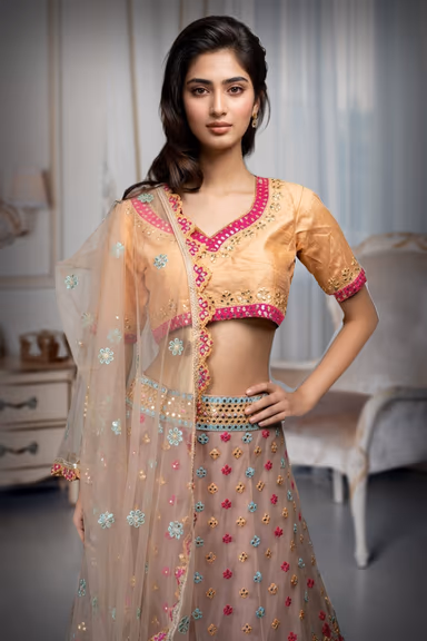 Multicolour Bangalori Silk Artificial Mirror Heavy Embellished Bridal Lehenga — view 1 of 2