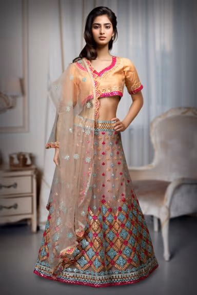 Multicolour Bangalori Silk Artificial Mirror Heavy Embellished Bridal Lehenga — view 2 of 2