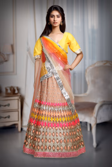 Multicolour Butterfly Net Mirror Work Lehenga — view 2 of 2