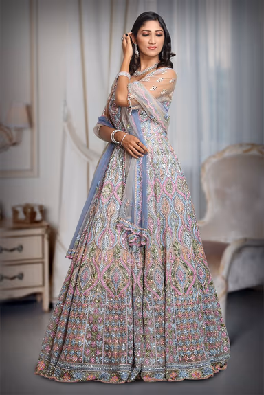 Multicoloured Heavy Handworked Gown With a Lot Of Colour Detailing And Stone Work With Scallop Worked Dupatta… — view 4 of 5