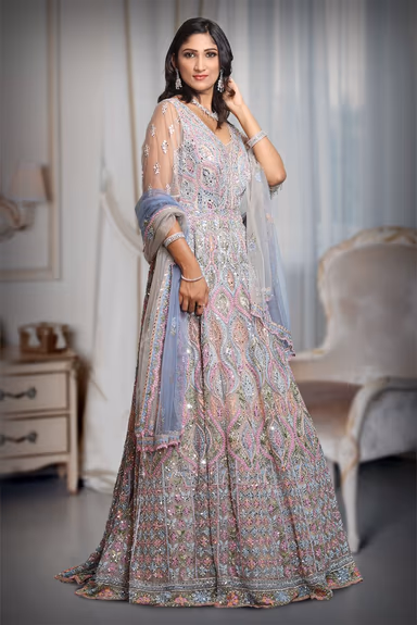 Multicoloured Heavy Handworked Gown With a Lot Of Colour Detailing And Stone Work With Scallop Worked Dupatta… — view 3 of 5