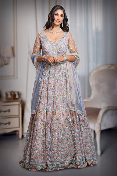 Multicoloured Heavy Handworked Gown With a Lot Of Colour Detailing And Stone Work With Scallop Worked Dupatta… — view 2 of 5