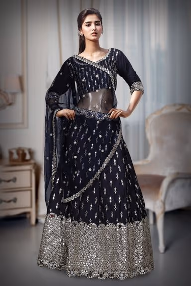 Navy Blue Net Lehenga With Heavy Sequins And A Well Detailed Border — view 2 of 2