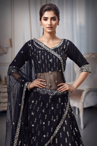 Navy Blue Net Lehenga With Heavy Sequins And A Well Detailed Border — view 1 of 2
