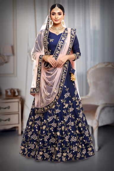 Navy Blue Silk Lehenga with Golden Floral Zardozi Embroidery and Full Sleeves — view 2 of 2