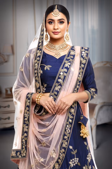 Navy Blue Silk Lehenga with Golden Floral Zardozi Embroidery and Full Sleeves — view 1 of 2