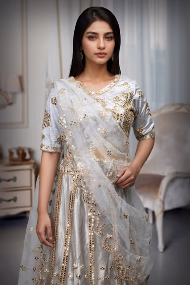 Ocean Grey Net Lehenga With Heavy Detailing On Skirt , Blouse And Dupatta — view 1 of 2