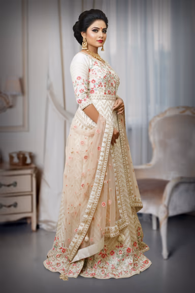 Off White Gown Features Floral Details, Creating A Graceful And Luxurious Appearance — view 3 of 4