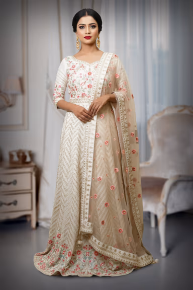 Off White Gown Features Floral Details, Creating A Graceful And Luxurious Appearance — view 2 of 4