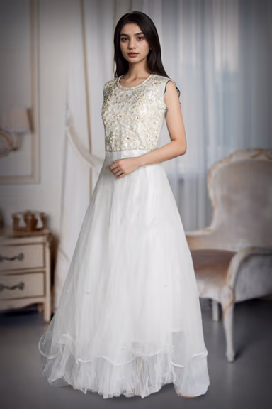 Off White Pre Wedding Gown With Intricate Zardozi Work Details On Front Yoke — view 3 of 3