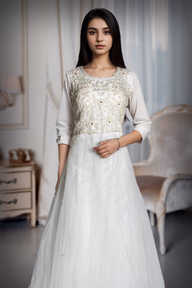 Off White Pre Wedding Gown With Intricate Zardozi Work Details On Front Yoke — view 1 of 3