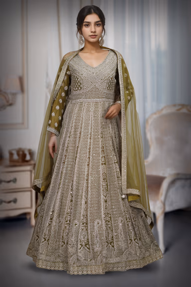 Olive Green Full Sleeve Gown With Heavy Stone Work And Mirror Work Details — view 2 of 3