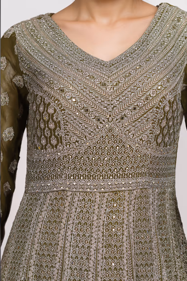 Olive Green Full Sleeve Gown With Heavy Stone Work And Mirror Work Details — view 3 of 3