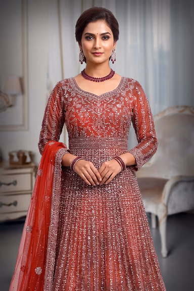 Orange Wedding Gown With Threadwork And Stonework Details All Over The Gown — view 1 of 3