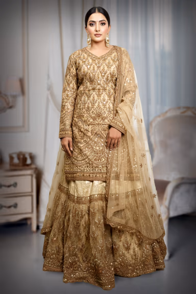 Elegant Pakistani lehenga Heavy Embroidered Sharara top , worked skirt and duppatta — view 4 of 6