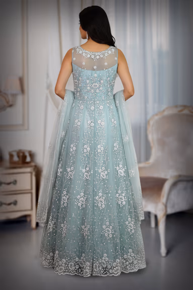 Pastel Aqua Blue Net Gown with Intricate Floral Embroidery — view 4 of 4