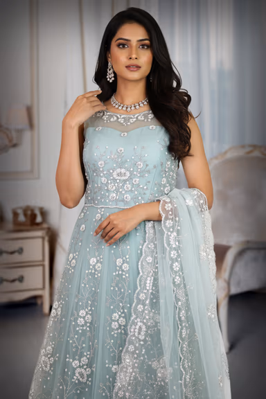 Pastel Aqua Blue Net Gown with Intricate Floral Embroidery — view 1 of 4